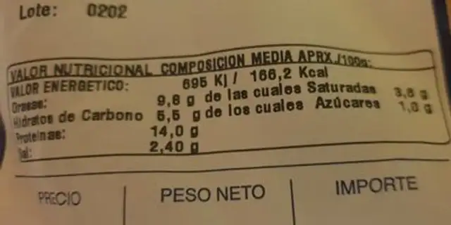 Salchicha cocida cervela nutrition facts table