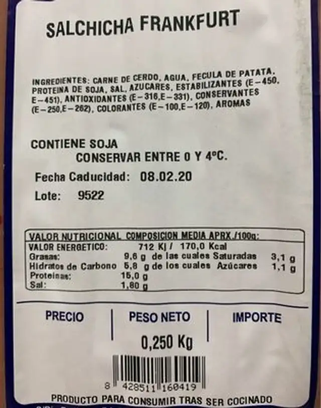 Salchichas frankfurt nutrition facts table