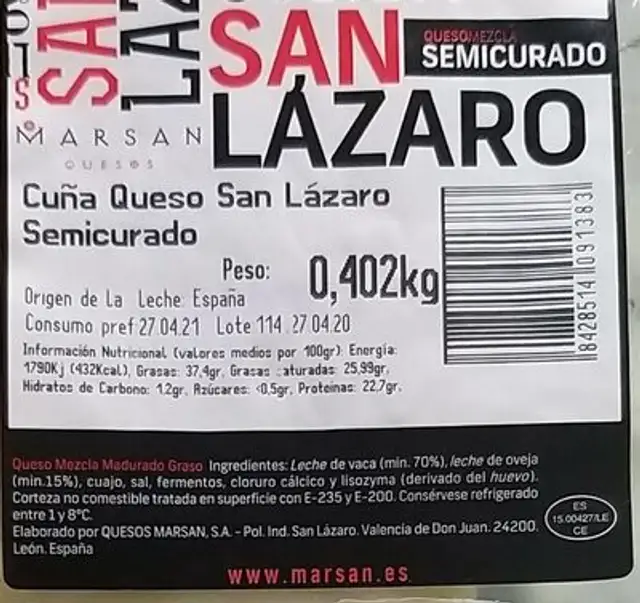 Cuña queso San Lázaro semicurado nutrition facts table