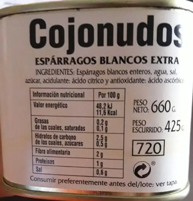 Espárragos blancos extra nutrition facts table