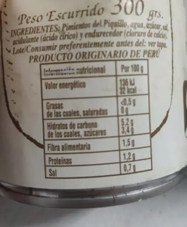 Pimientos del piquillo nutrition facts table