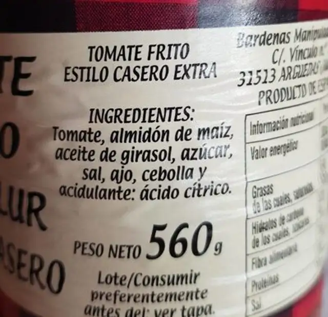 Tomate frito nutrition facts table