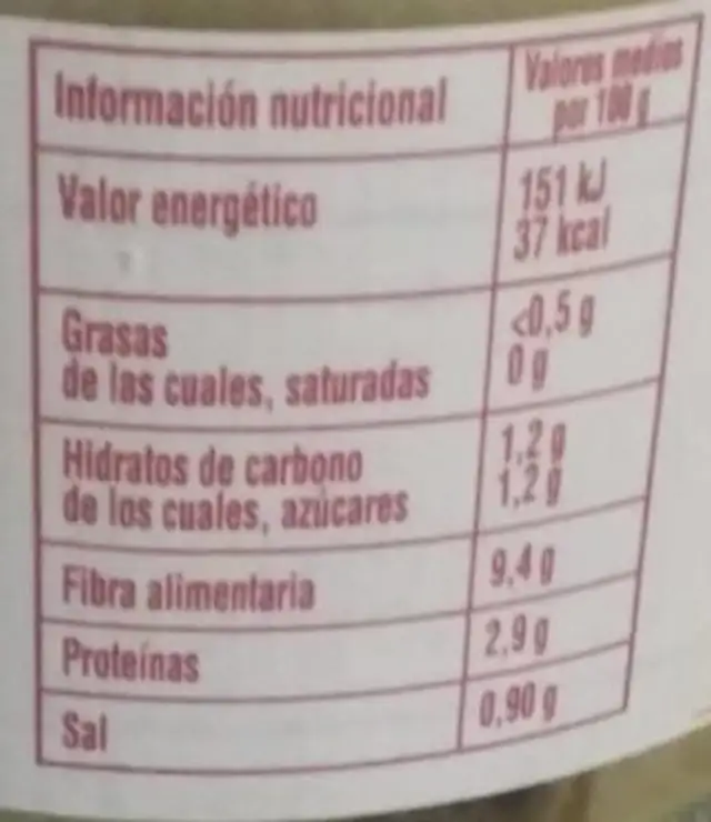 Corazones de alcachofas primera nutrition facts table