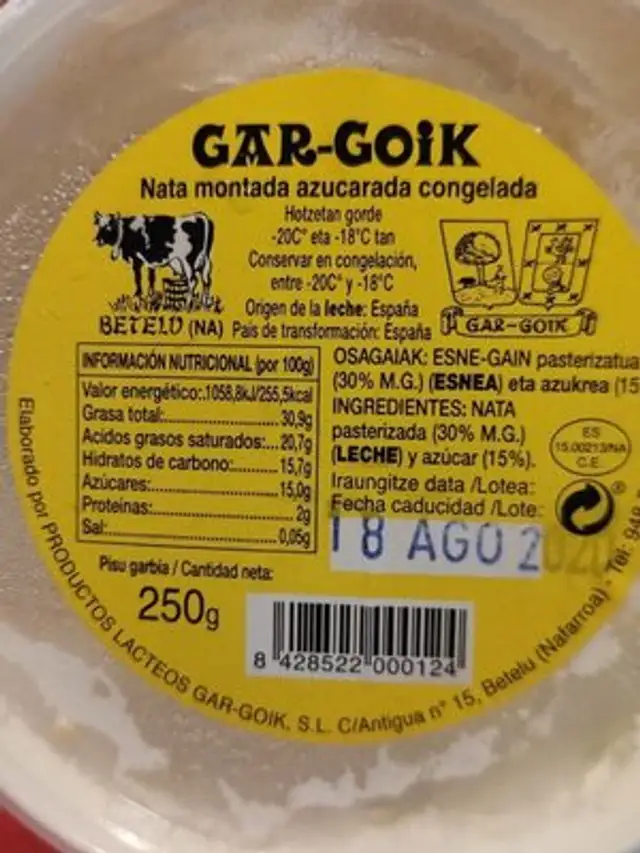 Nata montada nutrition facts table