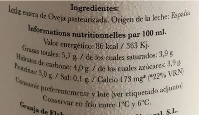 Gloria Bendita nutrition facts table