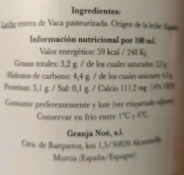 Leche fresca nutrition facts table