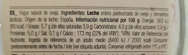 Yaourt de Brebis nutrition facts table