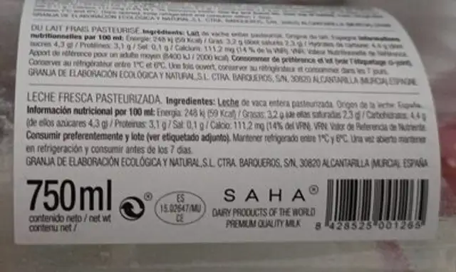 LILIBET ,Leche Fresca nutrition facts table