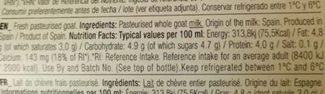 Leche Fresca de Cabra nutrition facts table