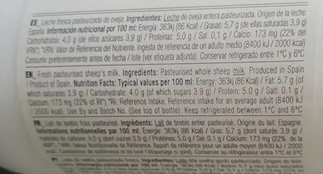 Leche de oveja nutrition facts table