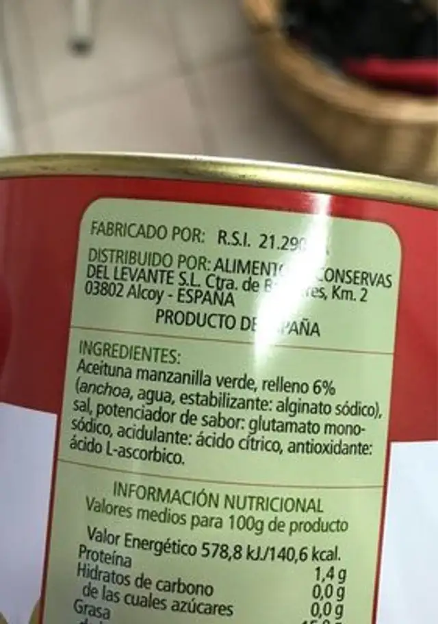 Aceitunas rellenas de anchoa ingredients label