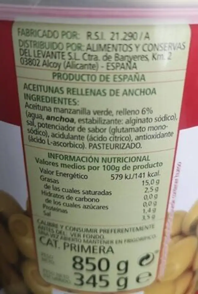 Aceitunas rellenas de anchoa nutrition facts table
