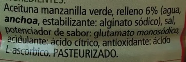 Aceitunas rellenas de anchoa ingredients label