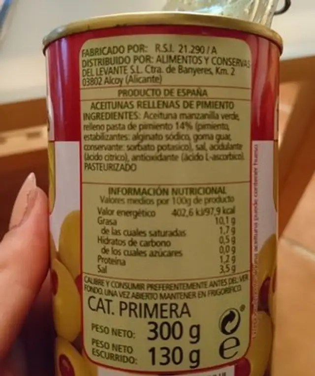 Aceitunas Rellenas de Pimiento ingredients label