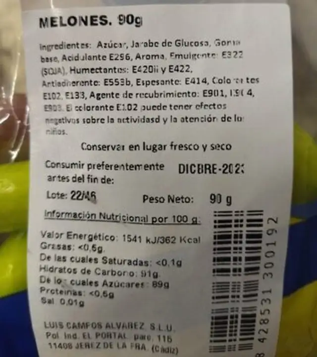 Palmera ingredients label