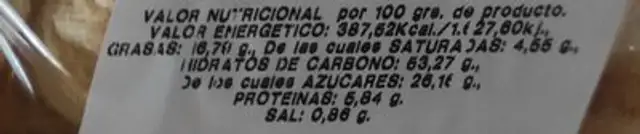 Palmera con crema nutrition facts table