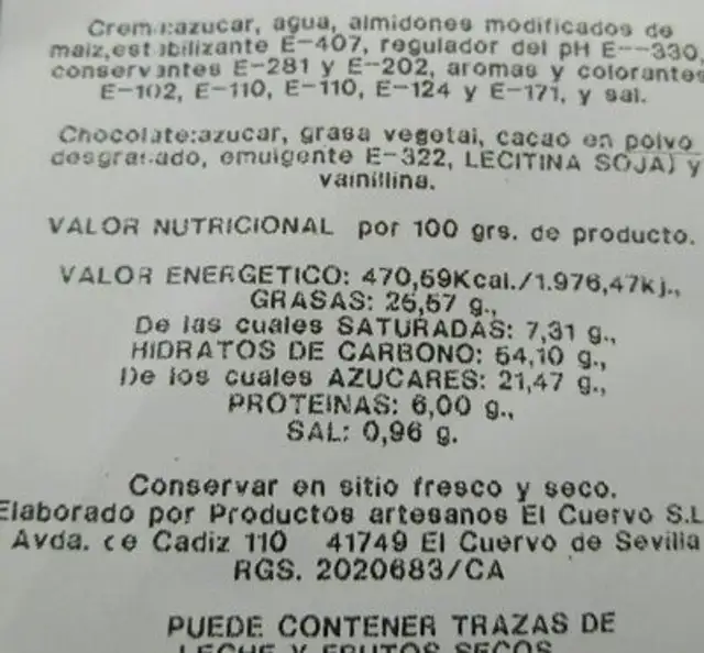 Palmera con natilla y chocolate nutrition facts table