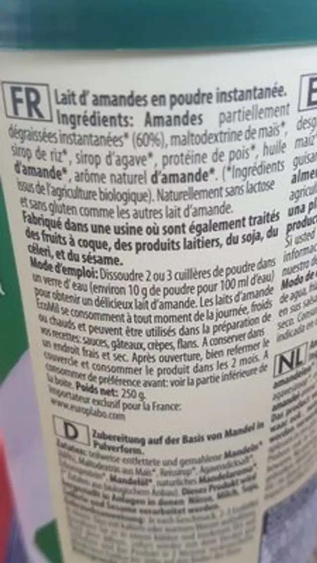 Instantane Aux Amandes 250G Ecomil. ingredients label