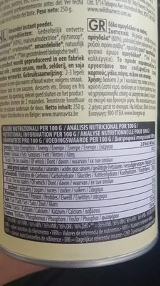 Instantane Aux Amandes 250G Ecomil. nutrition facts table