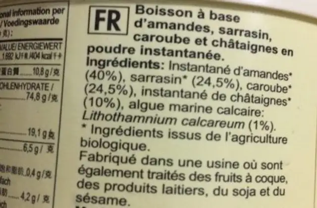Petit Dej Instantane Calcium ingredients label