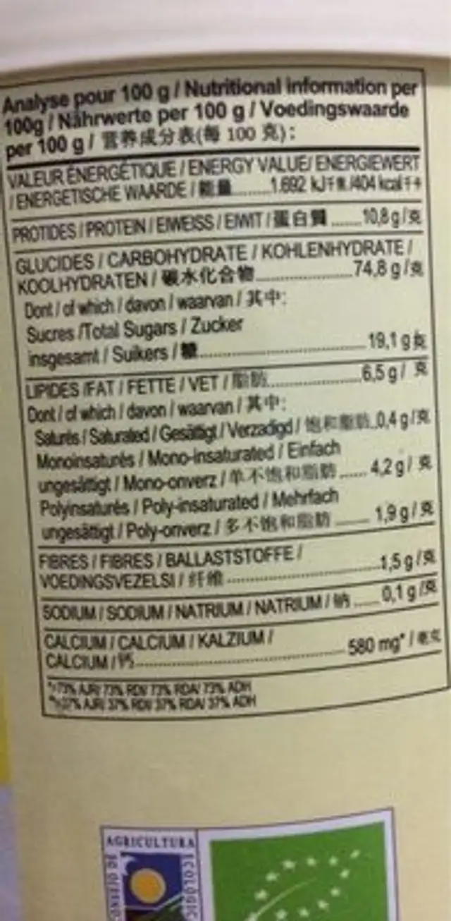 Petit Dej Instantane Calcium nutrition facts table