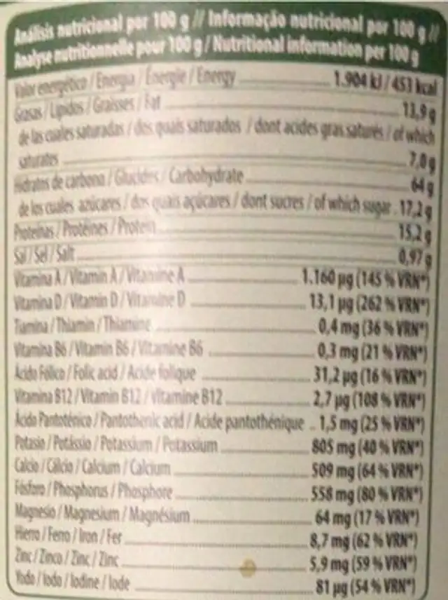 Soja nutrition facts table