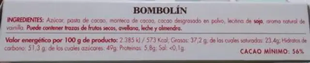 Bombolin nutrition facts table