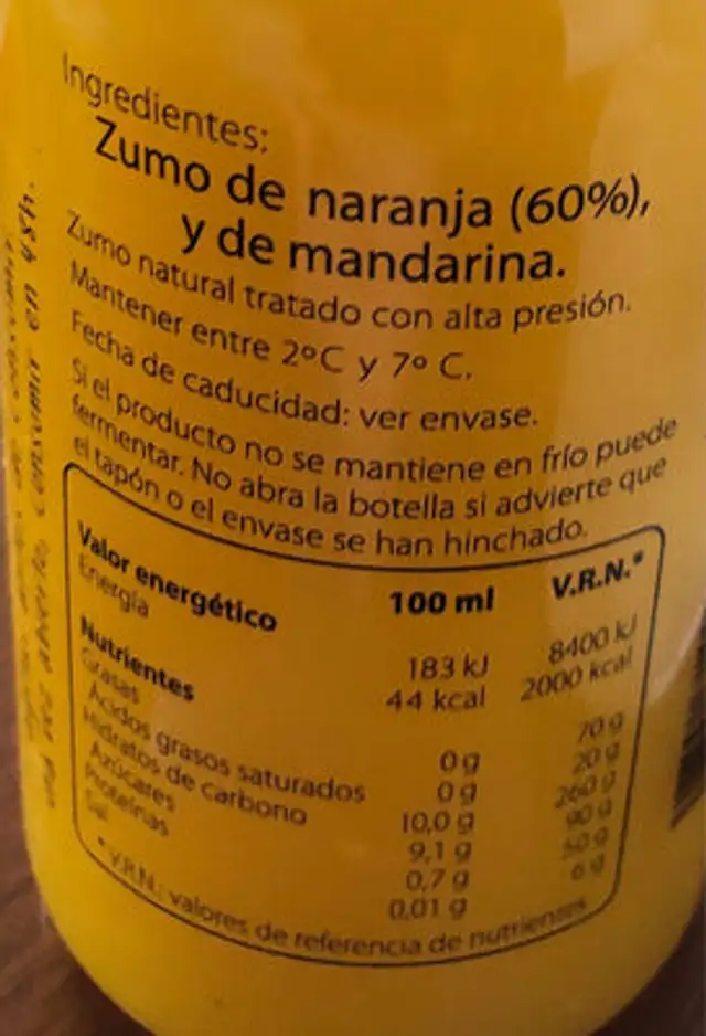 Zumo de naranja puro zumo ingredients label