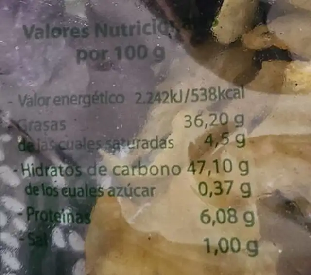 Patatas Fritas Artesanas nutrition facts table