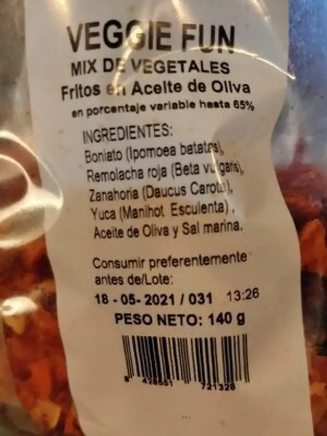 Veggie Fun ingredients label