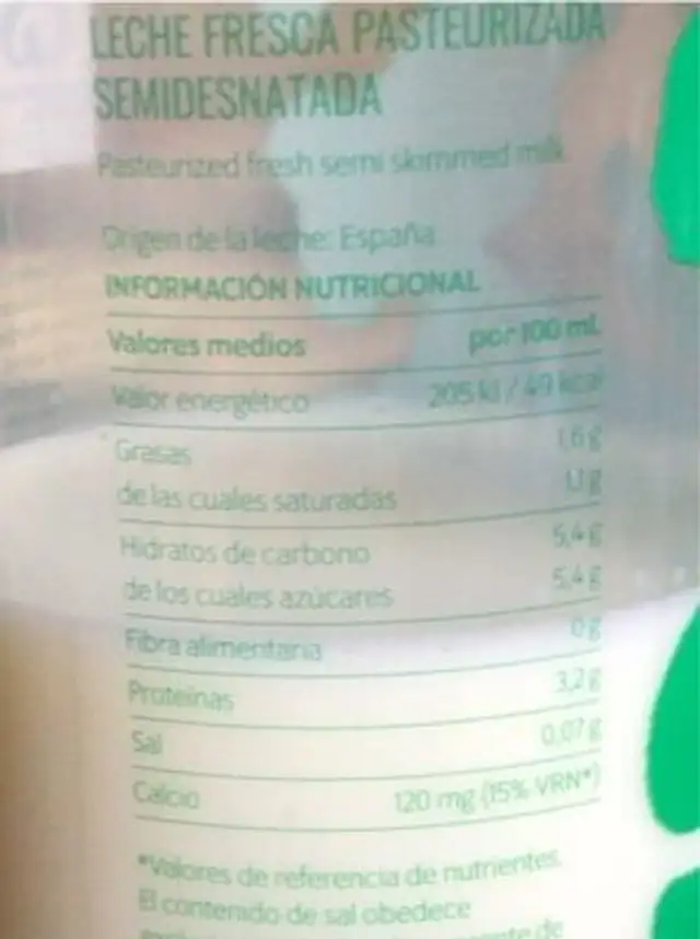 Leche fresca pasteurizada nutrition facts table