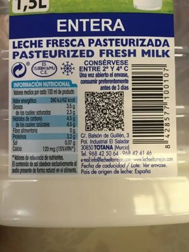EL TORREJON LECHE FRESCA PASTEURIZADA ingredients label