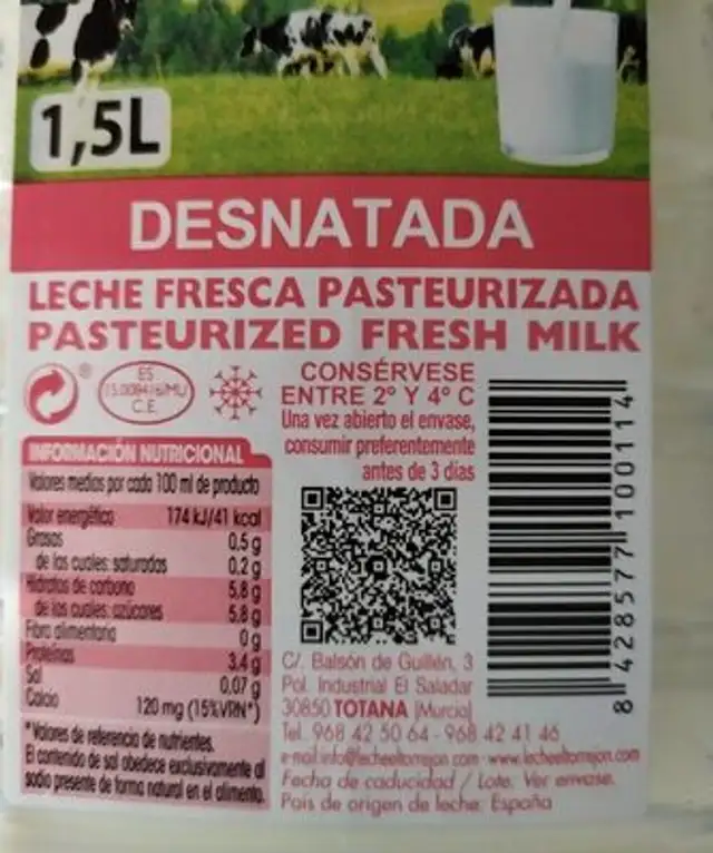 Leche nutrition facts table