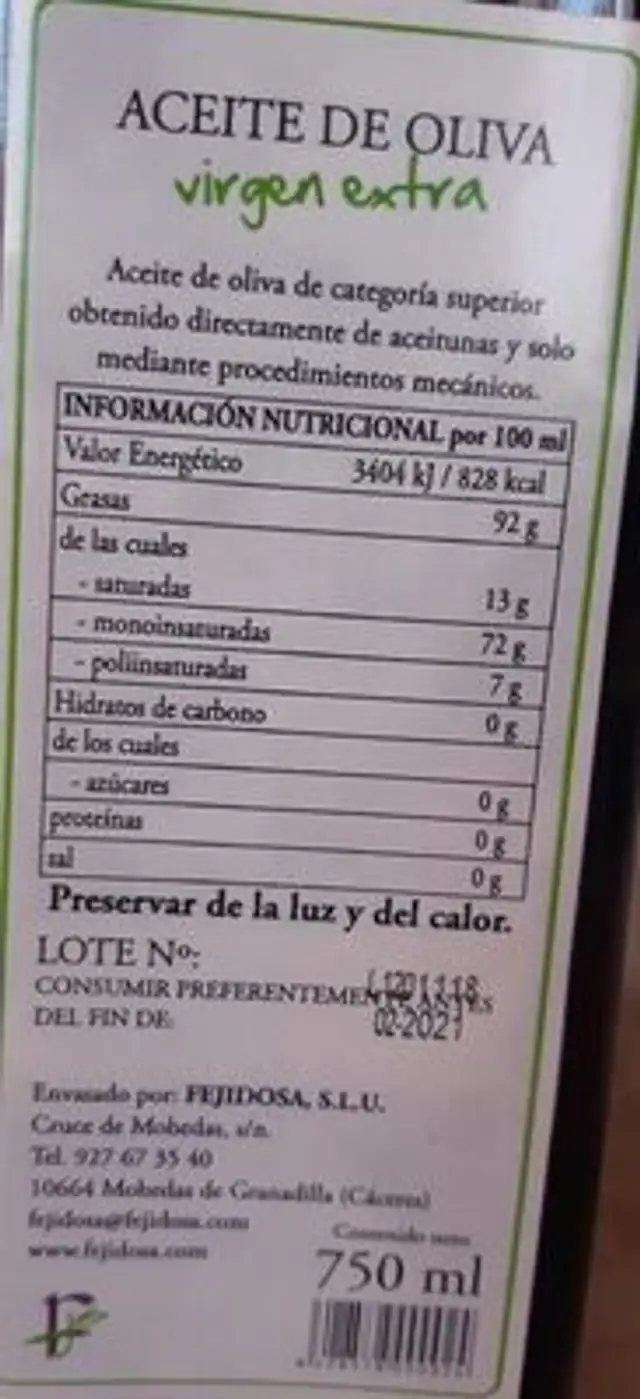 Aceite de oliva virgen extra nutrition facts table