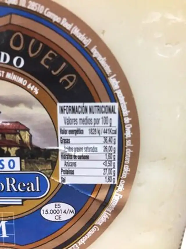 Queso curado de oveja elaborado con leche pasteurizada cuña nutrition facts table