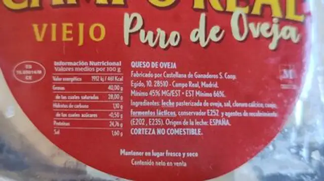 Queso Campo Real viejo puro de oveja nutrition facts table