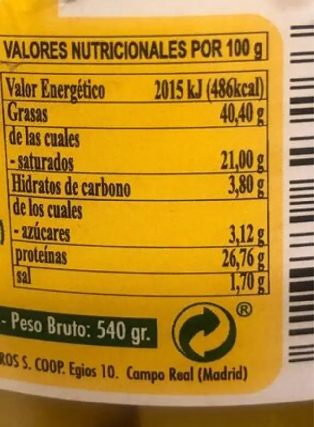 Queso aceite mezcla madurado graso nutrition facts table