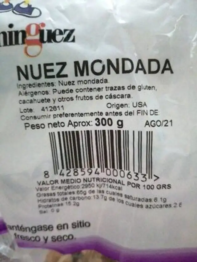 Frutos secos (nueces) ingredients label