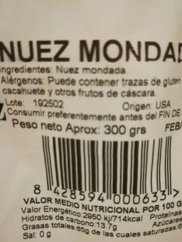 Frutos secos (nueces) nutrition facts table