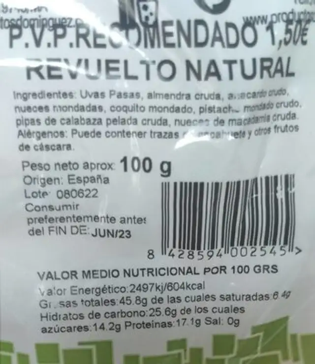 REVUELTO NATURAL nutrition facts table