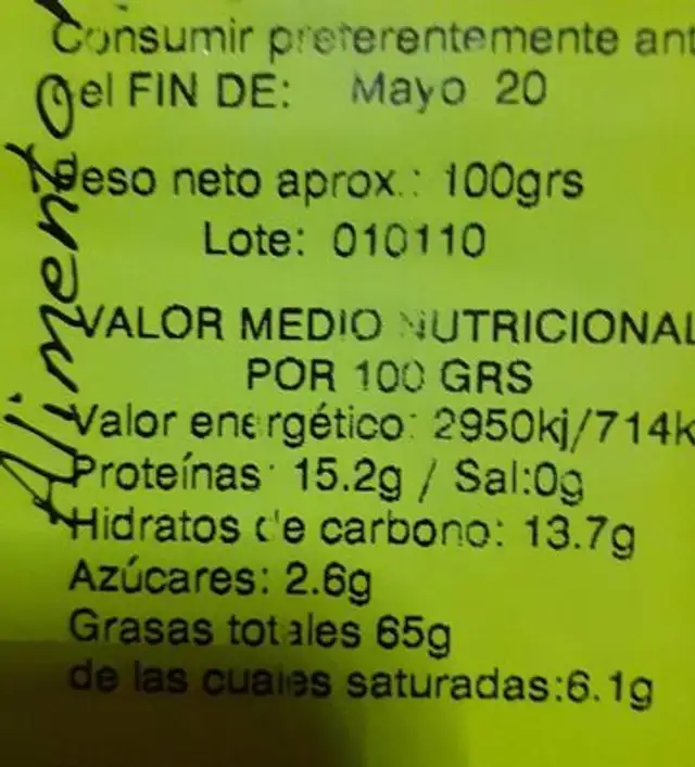 Nueces nutrition facts table