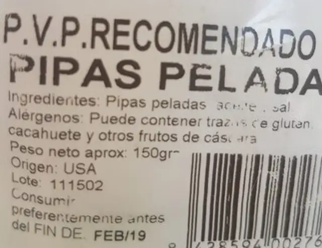 Pipas Peladas ingredients label