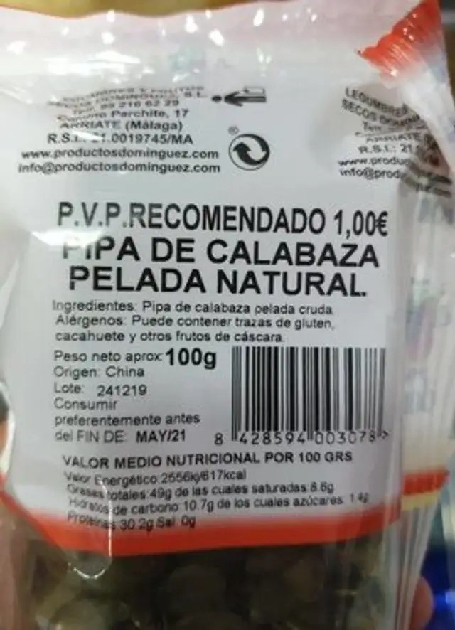 Pipa calabaza natural nutrition facts table