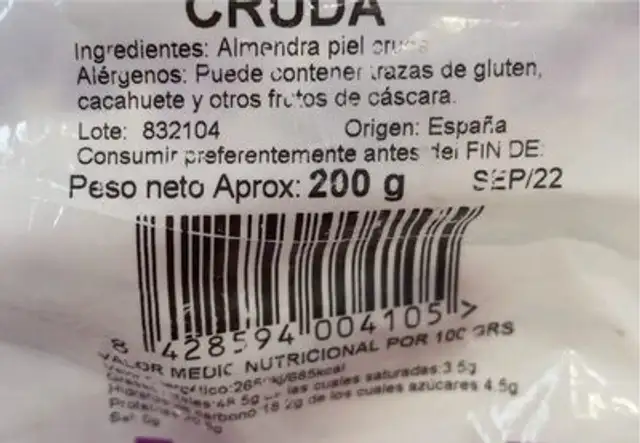 Almendra Piel Cruda nutrition facts table