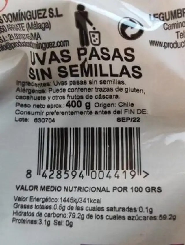 Frutos secos nutrition facts table