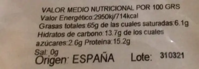 Nueces nutrition facts table