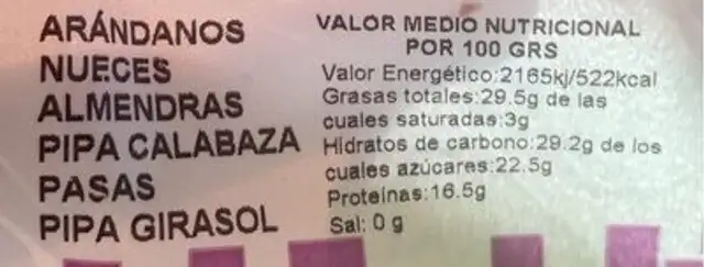 Frutos secos especial ensaladas nutrition facts table