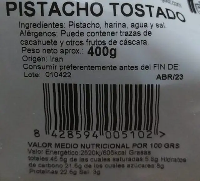 Pistacho tostado nutrition facts table