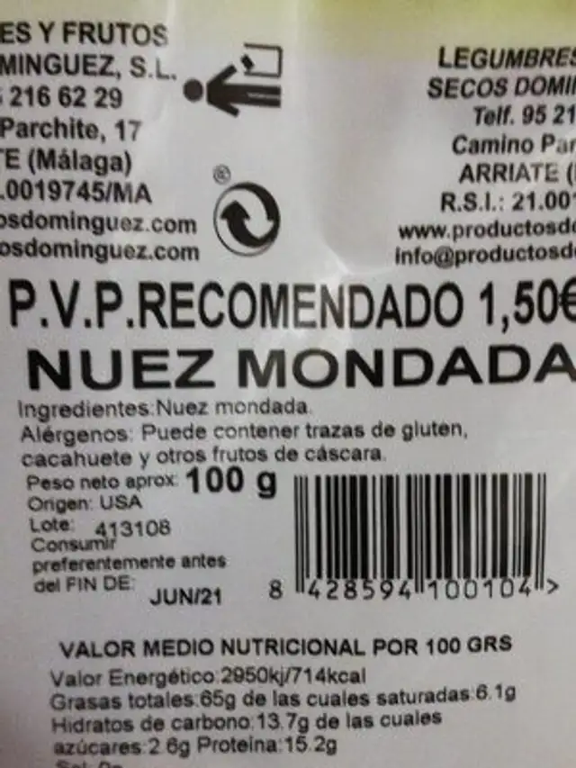 Nuez mondada ingredients label
