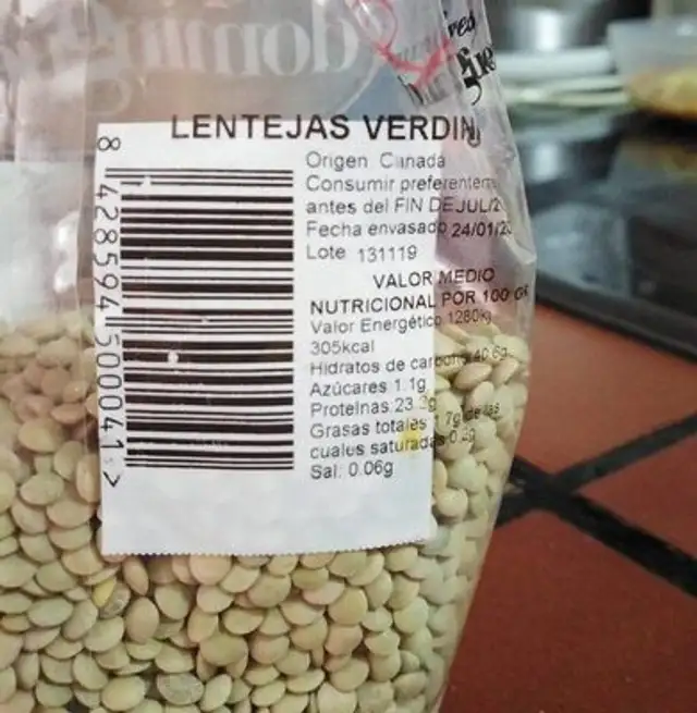 Lentejas nutrition facts table